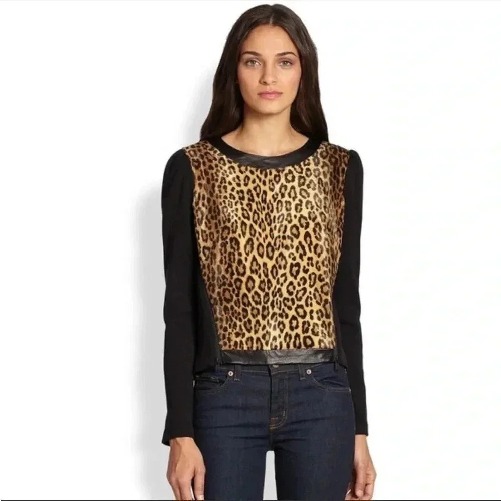 Milly leather trim leopard sweater